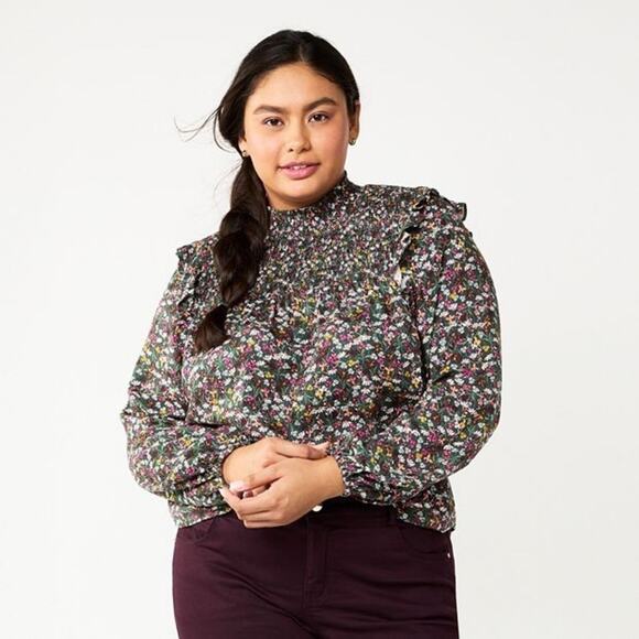 🆕 DRAPER JAMES | RSVP Green Floral Long Sleeve Ruffle Smocked Blouse | 2X - Picture 1 of 9